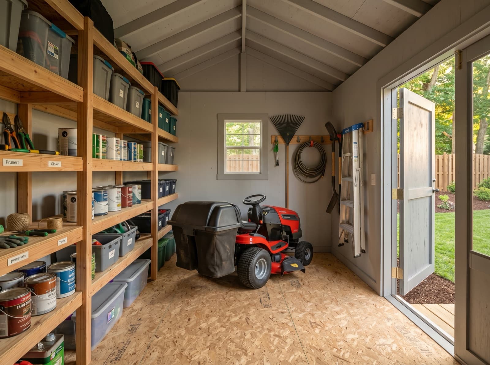 Organized storage shed interior with shelving