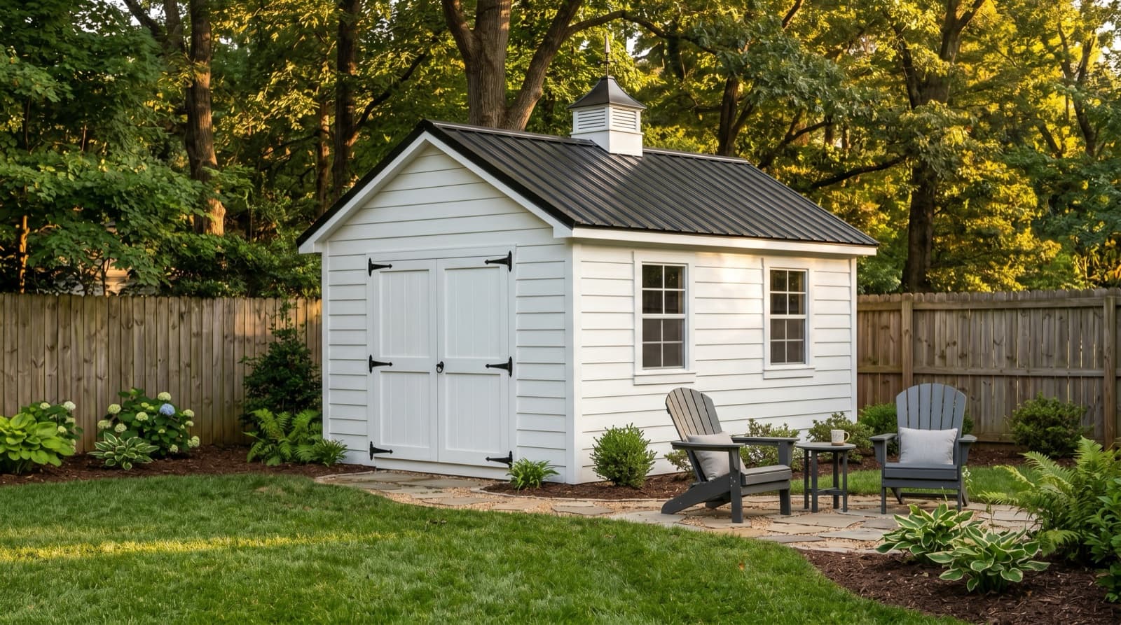 Charlotte backyard with custom shed and landscaping