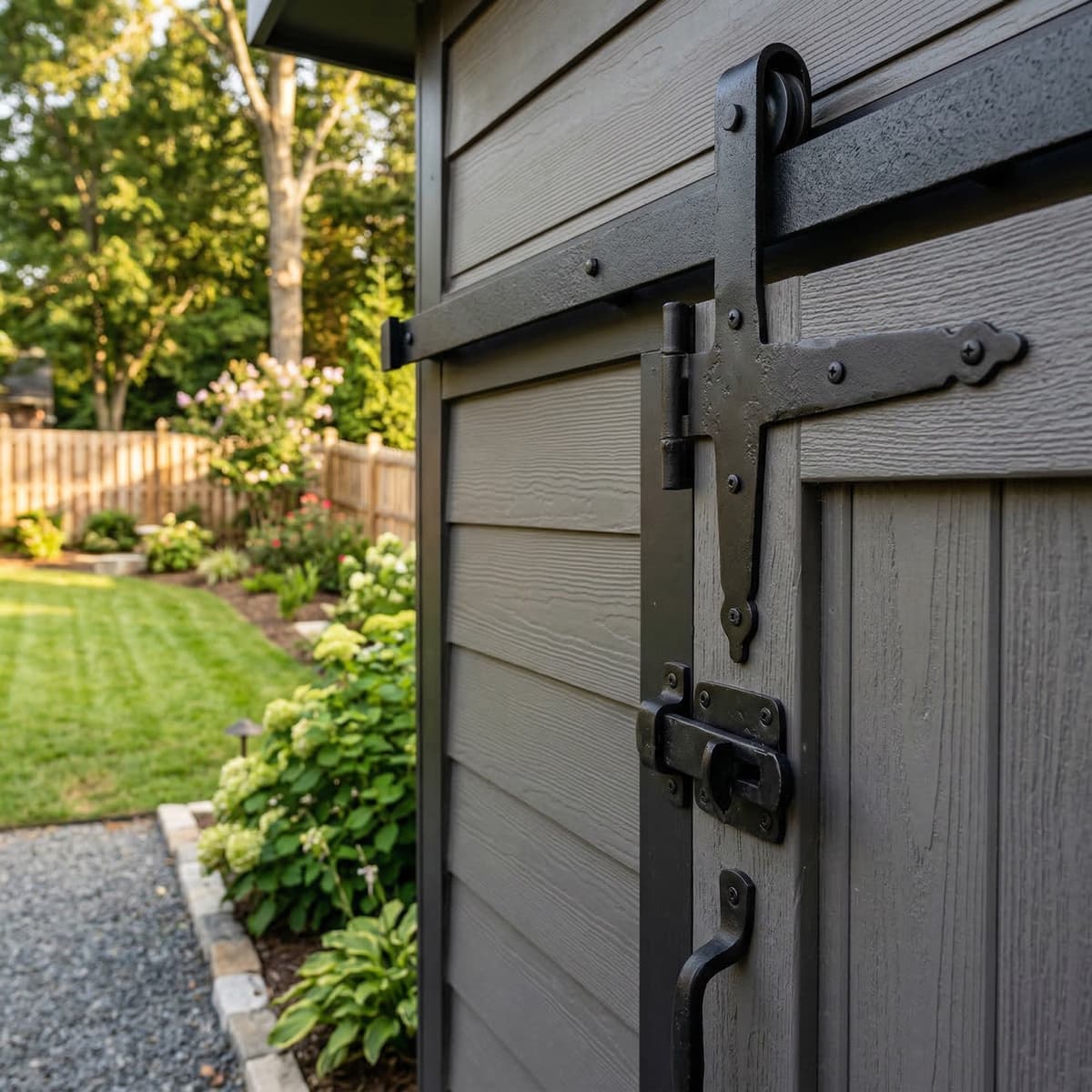 Premium matte black shed hardware detail by Charlotte Shed Builders
