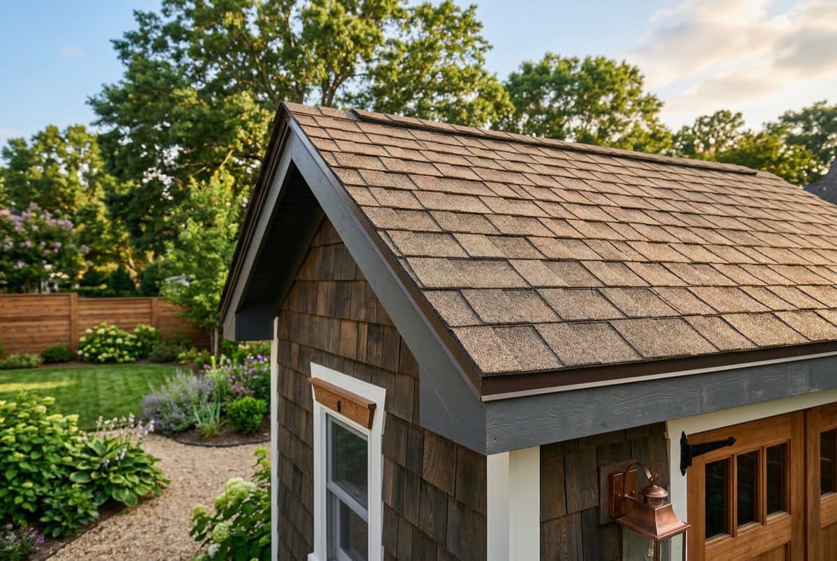 Architectural shingle roof detail on custom shed by Charlotte Shed Builders
