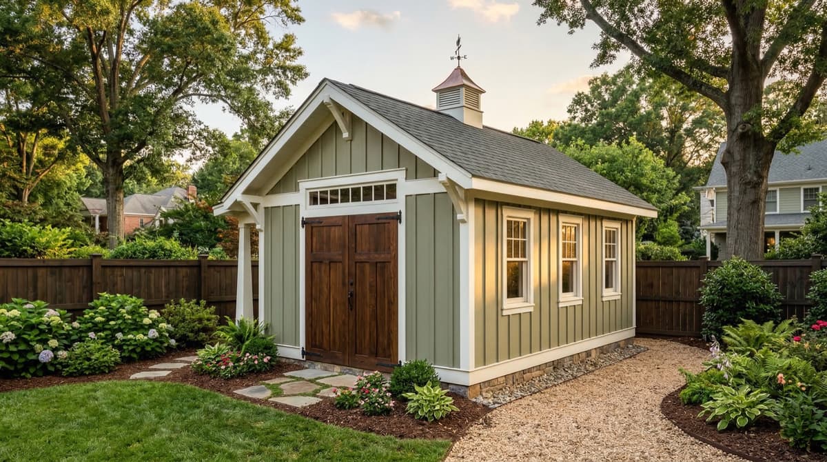 Custom craftsman-style shed built on-site in Charlotte by Charlotte Shed Builders