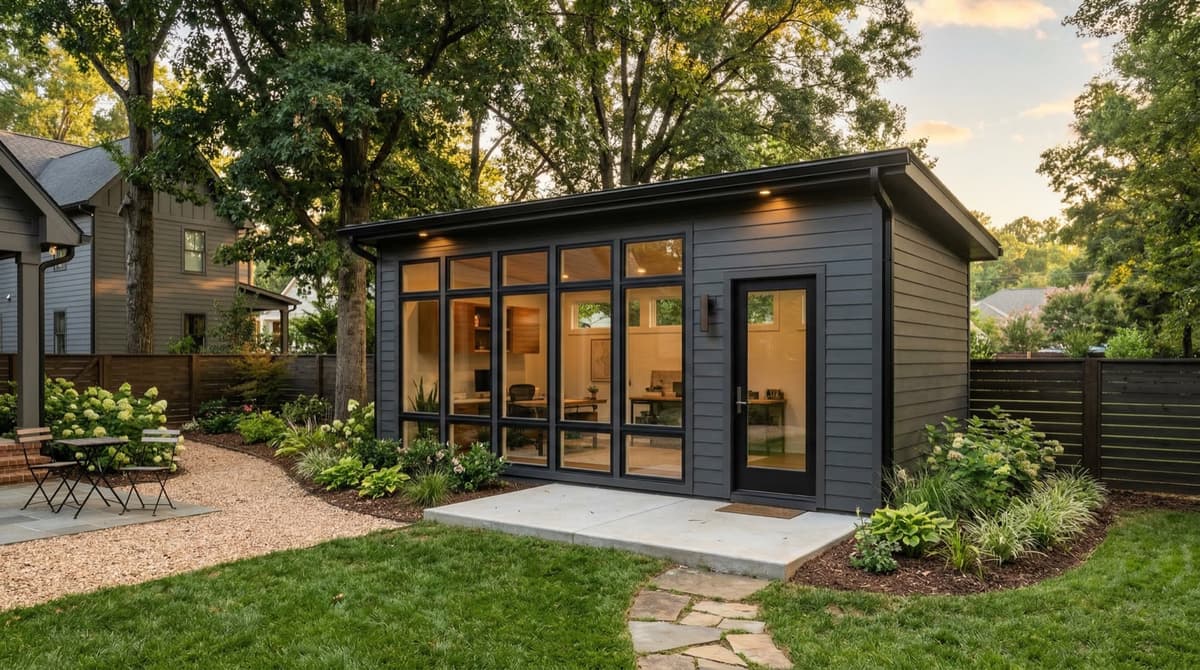 Custom modern studio shed built on-site in Charlotte, NC by Charlotte Shed Builders