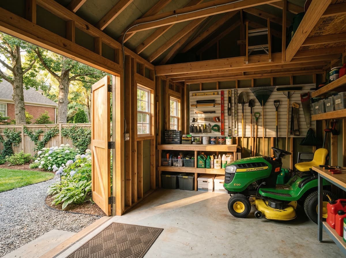 Organized storage shed interior with shelving by Charlotte Shed Builders