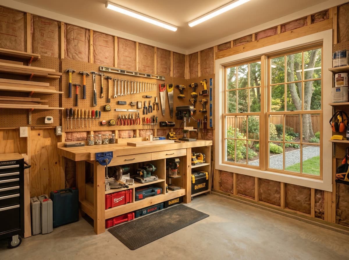 Organized workshop shed interior with tool storage by Charlotte Shed Builders