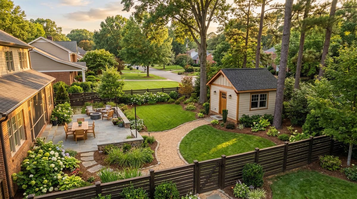 Charlotte backyard with custom shed and landscaping by Charlotte Shed Builders