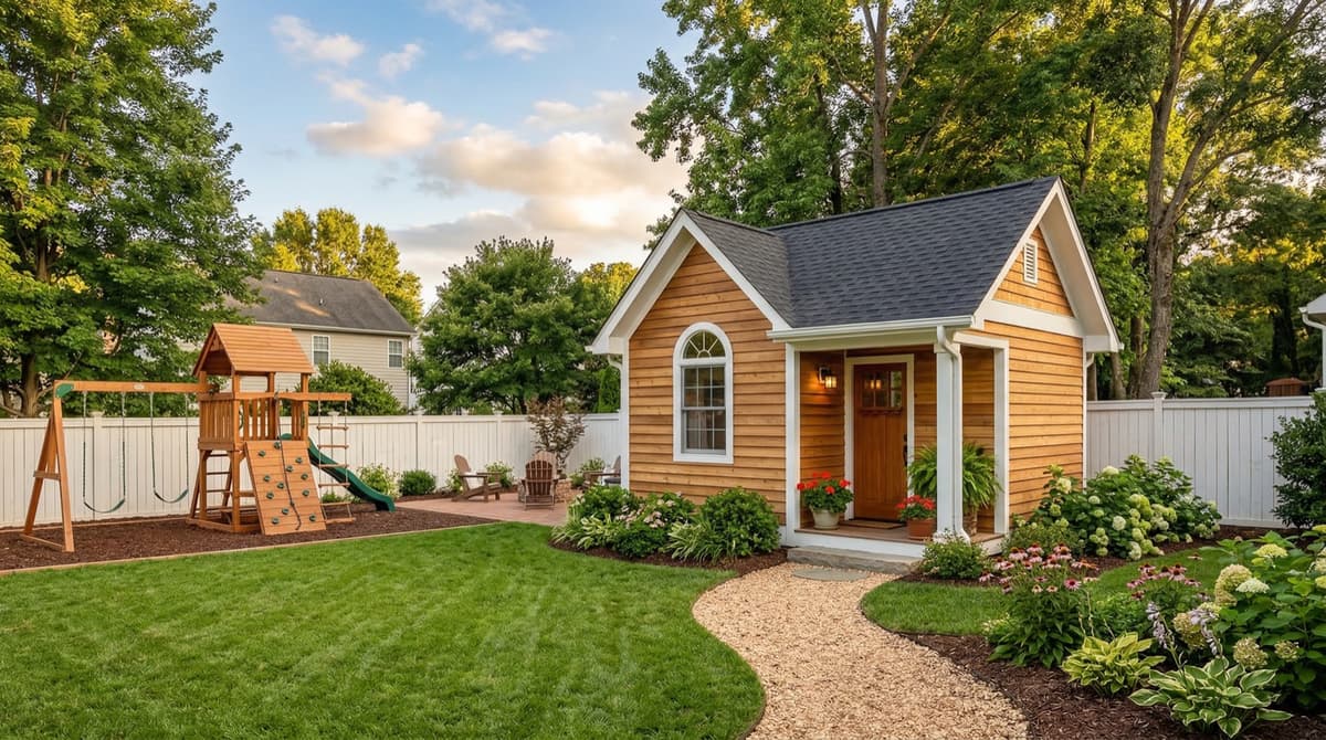 Charlotte suburban backyard with custom shed by Charlotte Shed Builders