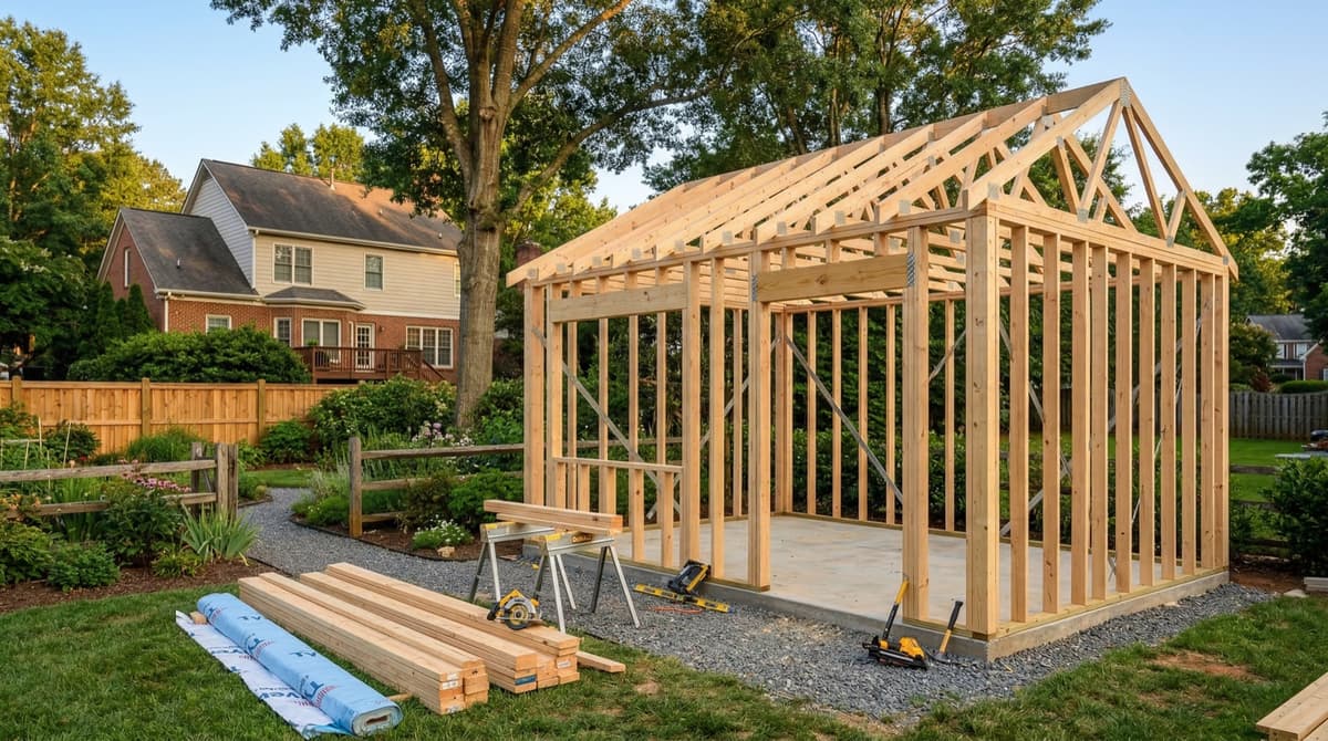 Shed wall framing construction in progress by Charlotte Shed Builders