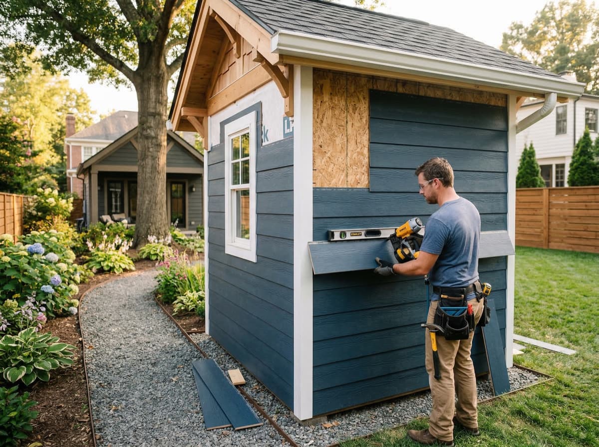Builder installing siding on custom shed by Charlotte Shed Builders
